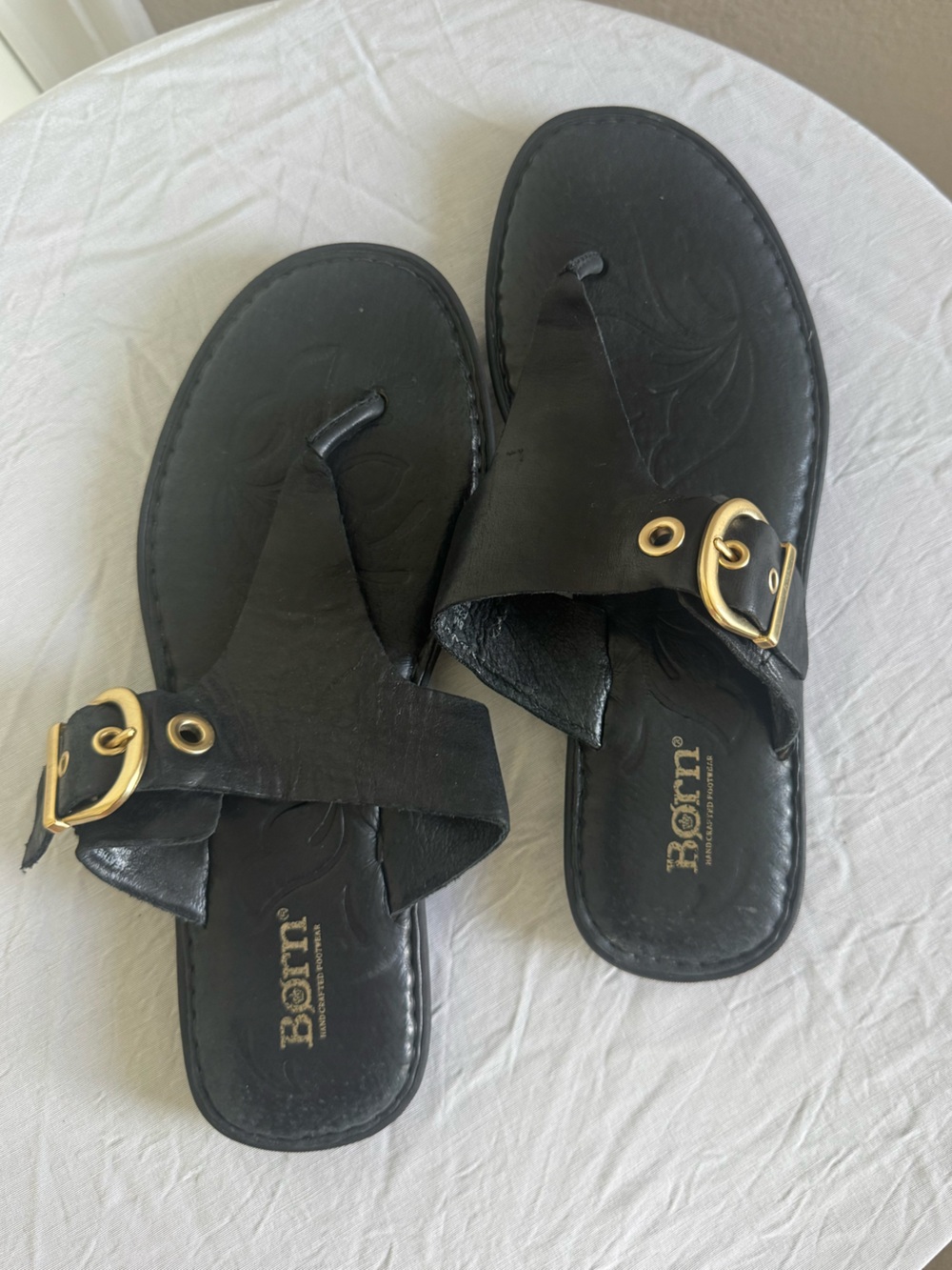Born Black Leather Toe-Loop Sandals with Gold Buckle